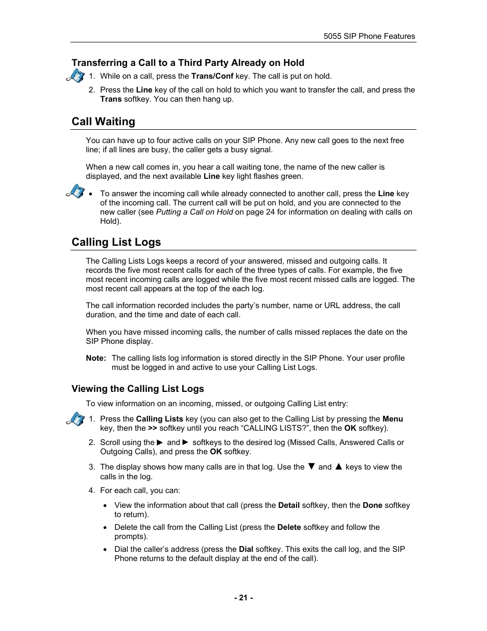 Call waiting, Calling list logs, Viewing the calling list logs | Call waiting calling list logs | Mitel 5055 User Manual | Page 27 / 97