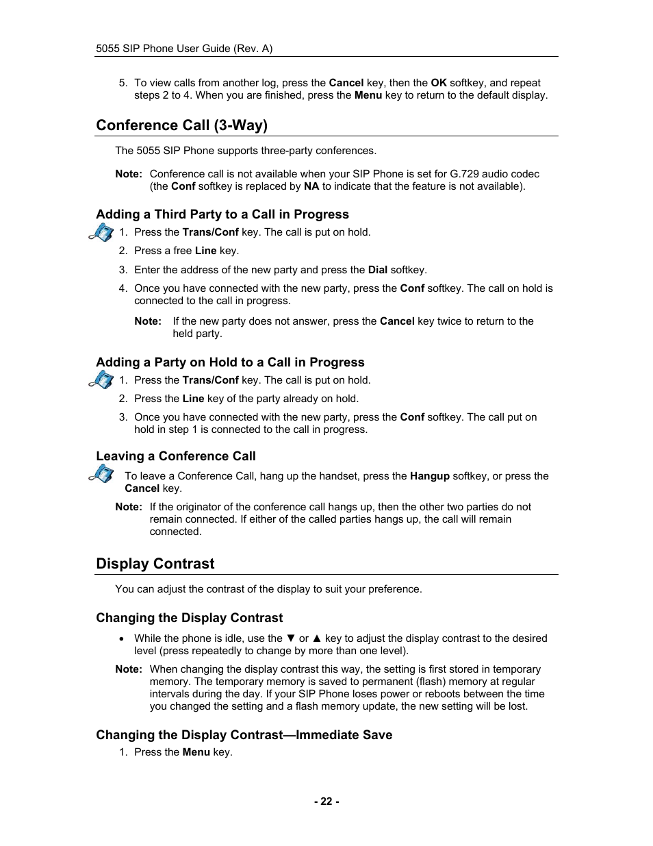 Conference call (3-way), Adding a third party to a call in progress, Adding a party on hold to a call in progress | Leaving a conference call, Display contrast, Changing the display contrast, Changing the display contrast—immediate save, Conference call (3-way) display contrast | Mitel 5055 User Manual | Page 28 / 97