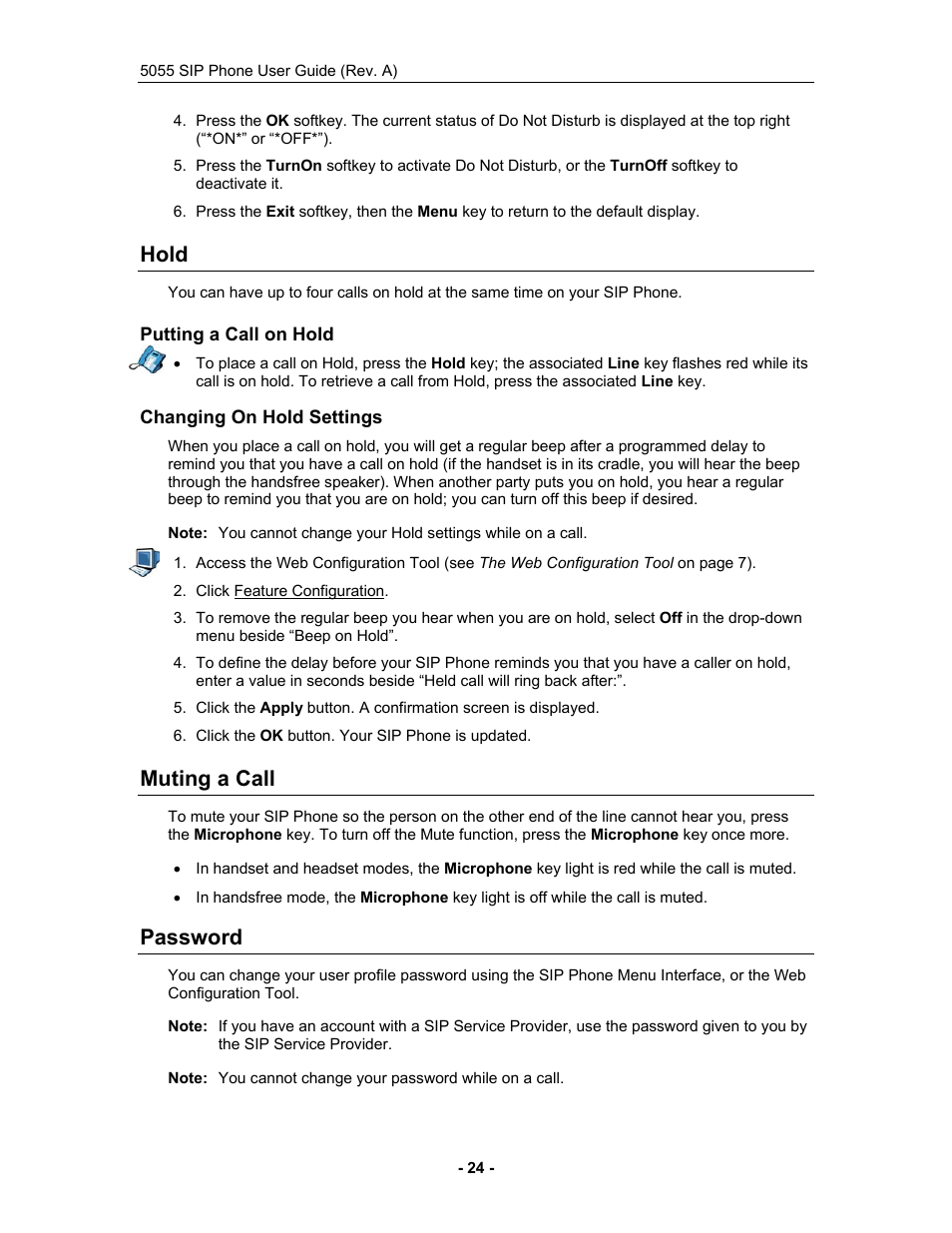 Hold, Putting a call on hold, Changing on hold settings | Muting a call, Password, Hold muting a call password | Mitel 5055 User Manual | Page 30 / 97
