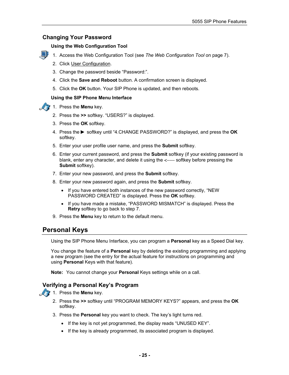 Changing your password, Personal keys, Verifying a personal key’s program | Mitel 5055 User Manual | Page 31 / 97