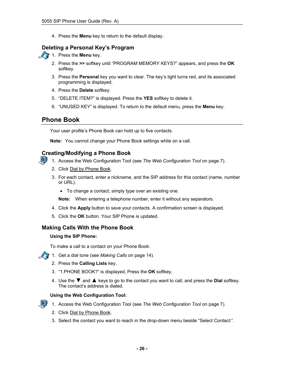 Deleting a personal key’s program, Phone book, Creating/modifying a phone book | Making calls with the phone book | Mitel 5055 User Manual | Page 32 / 97