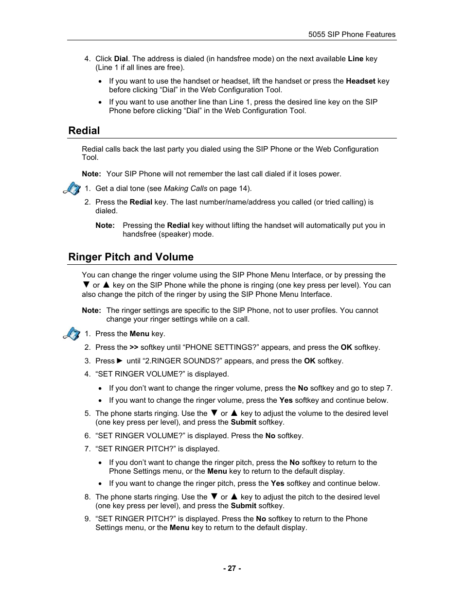 Redial, Ringer pitch and volume, Redial ringer pitch and volume | Mitel 5055 User Manual | Page 33 / 97