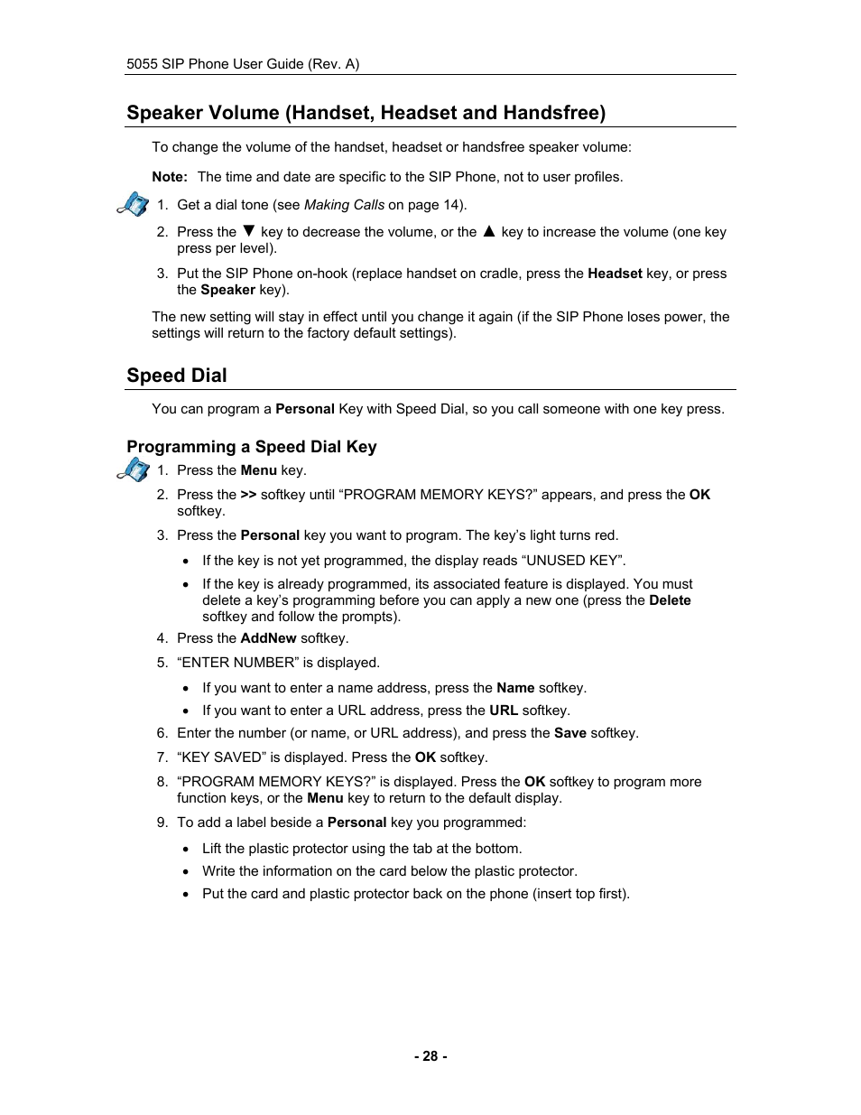 Speaker volume (handset, headset and handsfree), Speed dial, Programming a speed dial key | Mitel 5055 User Manual | Page 34 / 97