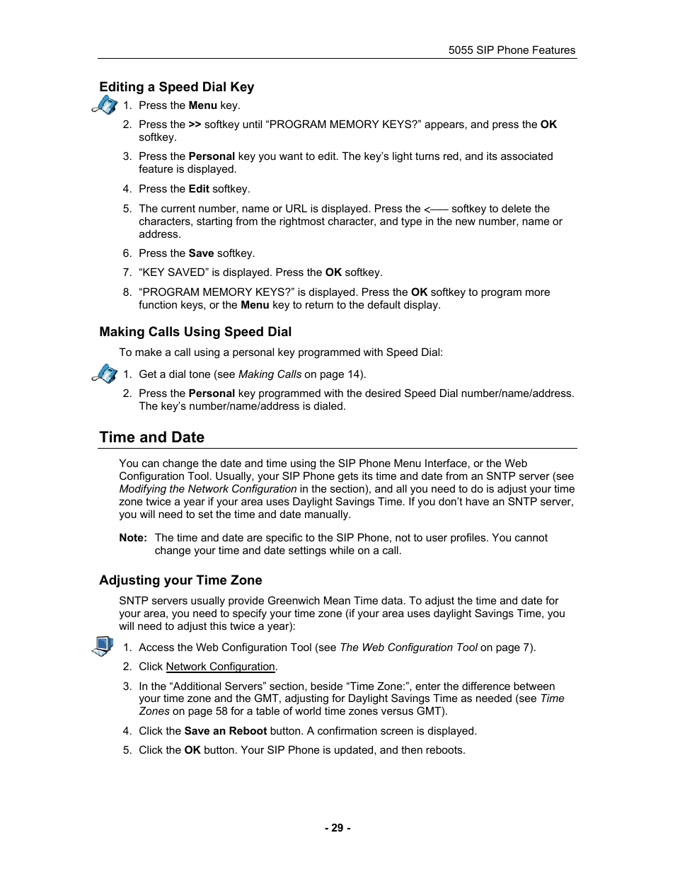 Editing a speed dial key, Making calls using speed dial, Time and date | Adjusting your time zone | Mitel 5055 User Manual | Page 35 / 97