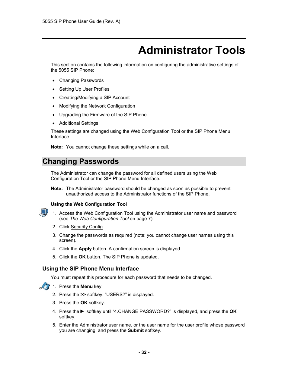 Administrator tools, Changing passwords, Using the sip phone menu interface | Mitel 5055 User Manual | Page 38 / 97