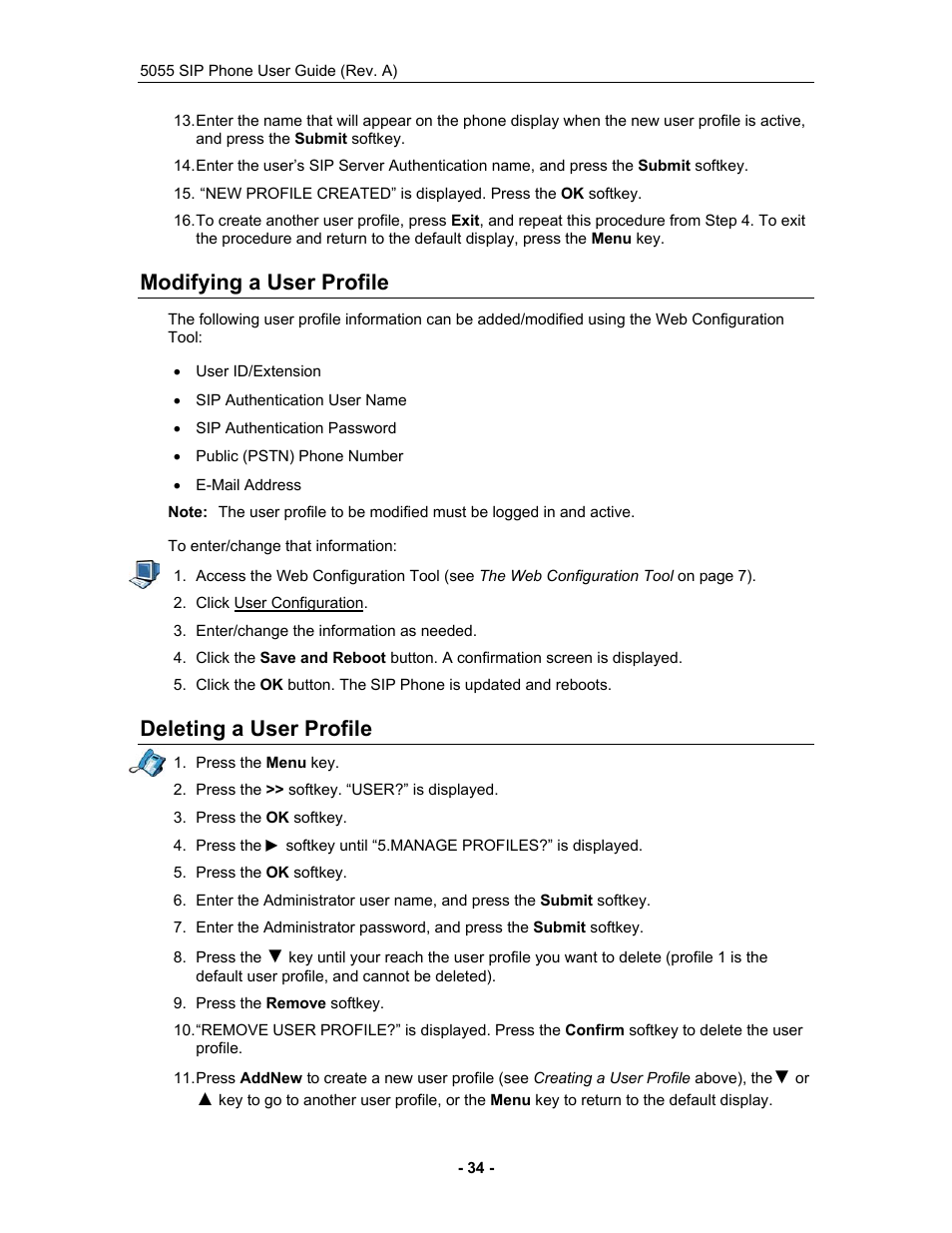 Modifying a user profile, Deleting a user profile, Modifying a user profile deleting a user profile | Mitel 5055 User Manual | Page 40 / 97