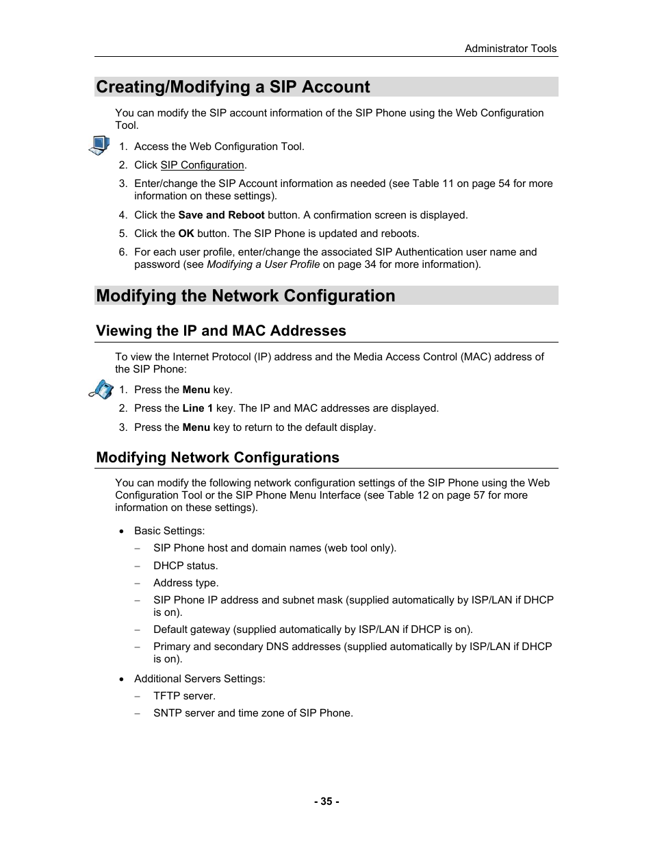 Creating/modifying a sip account, Modifying the network configuration, Viewing the ip and mac addresses | Modifying network configurations, Modifying the network configuration in the se | Mitel 5055 User Manual | Page 41 / 97