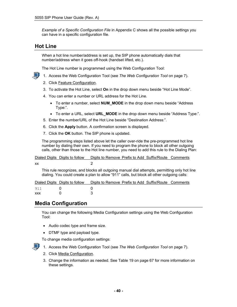 Hot line, Media configuration, Hot line media configuration | Mitel 5055 User Manual | Page 46 / 97