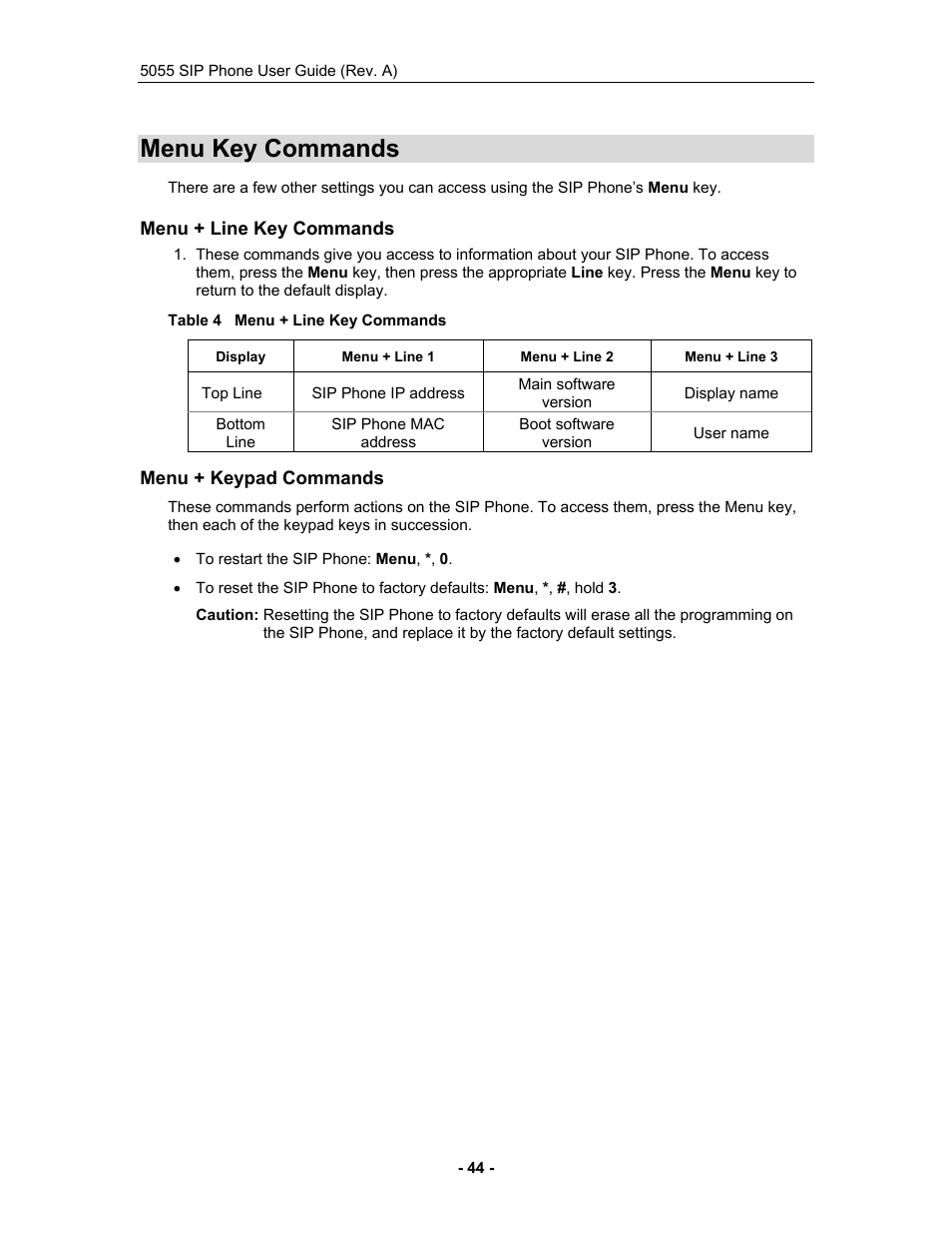 Menu key commands, Menu + line key commands, Menu + keypad commands | Mitel 5055 User Manual | Page 50 / 97