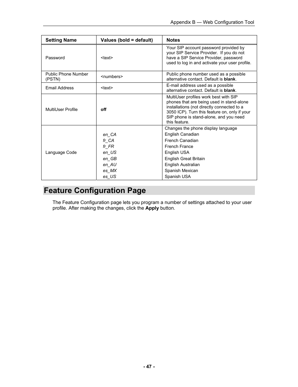 Feature configuration page | Mitel 5055 User Manual | Page 53 / 97