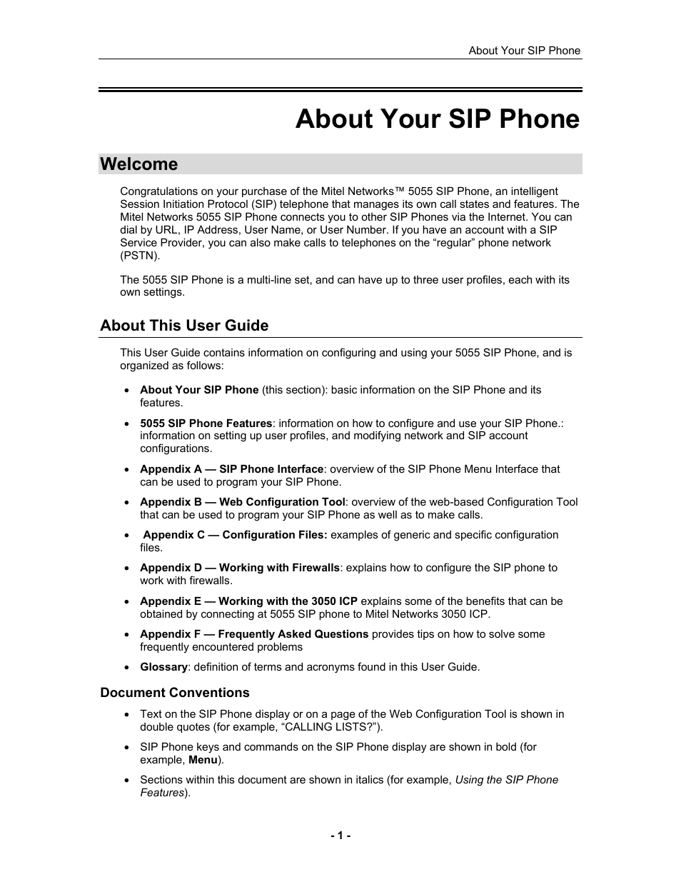 About your sip phone, Welcome, About this user guide | Document conventions | Mitel 5055 User Manual | Page 7 / 97