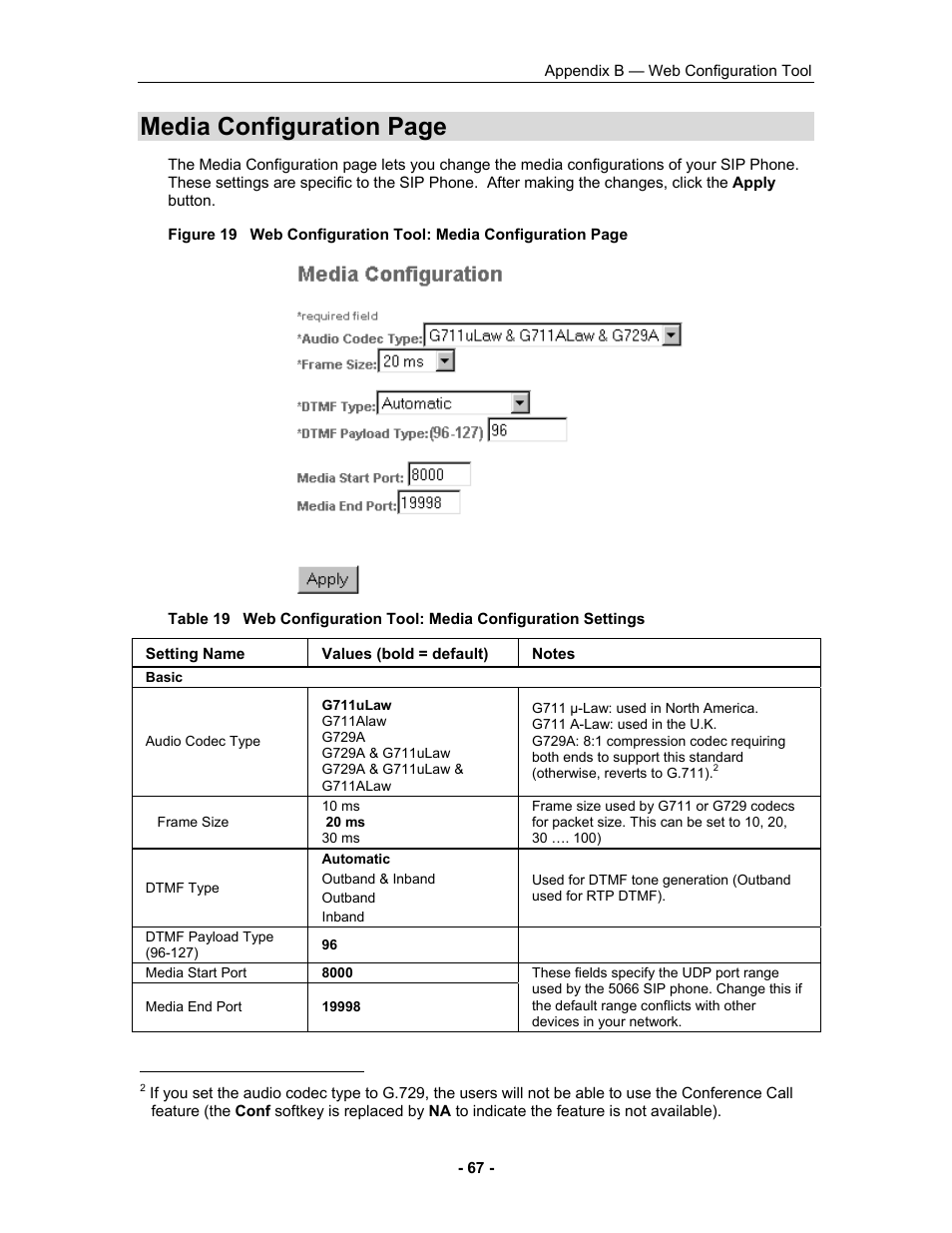 D. see table 19 on, Ge 67 for m, Media configuration page | Mitel 5055 User Manual | Page 73 / 97