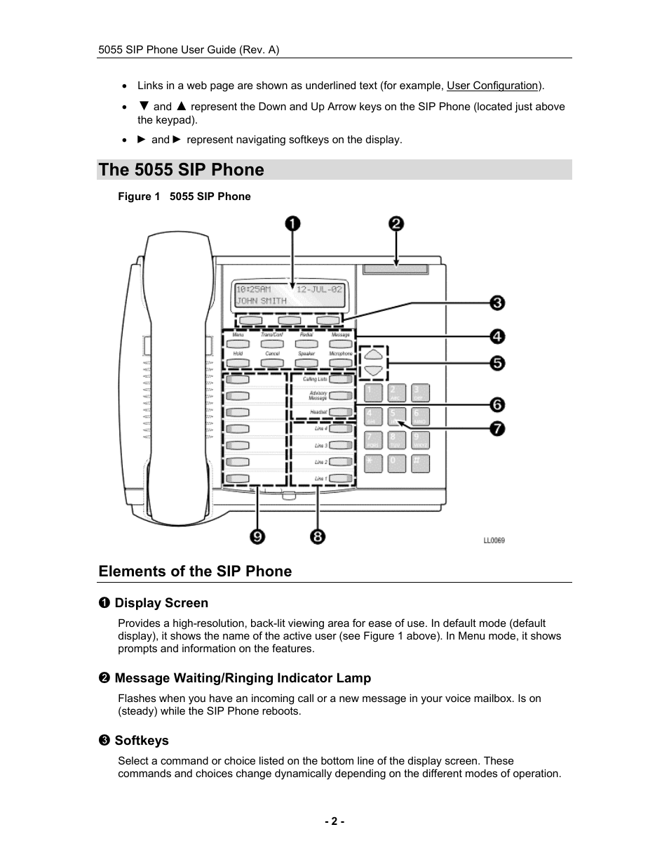 The 5055 sip phone, Elements of the sip phone, Display screen | Message waiting/ringing indicator lamp, Softkeys | Mitel 5055 User Manual | Page 8 / 97