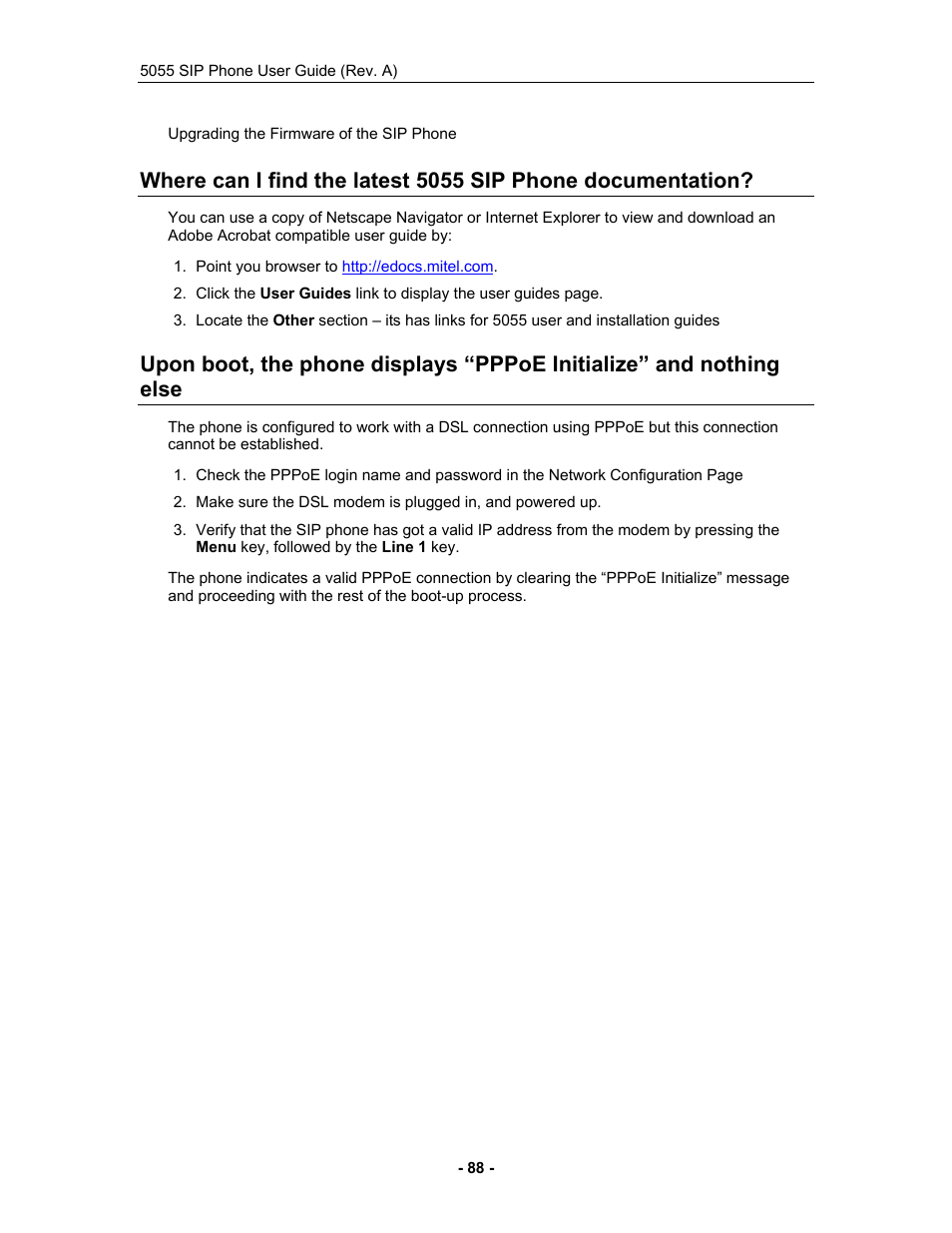 Upon boot, the phone displays “pppoe initialize | Mitel 5055 User Manual | Page 94 / 97