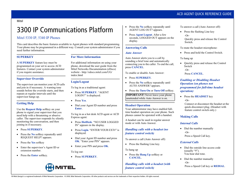 Mitel 3300 IP Communications Platform User Manual | 2 pages