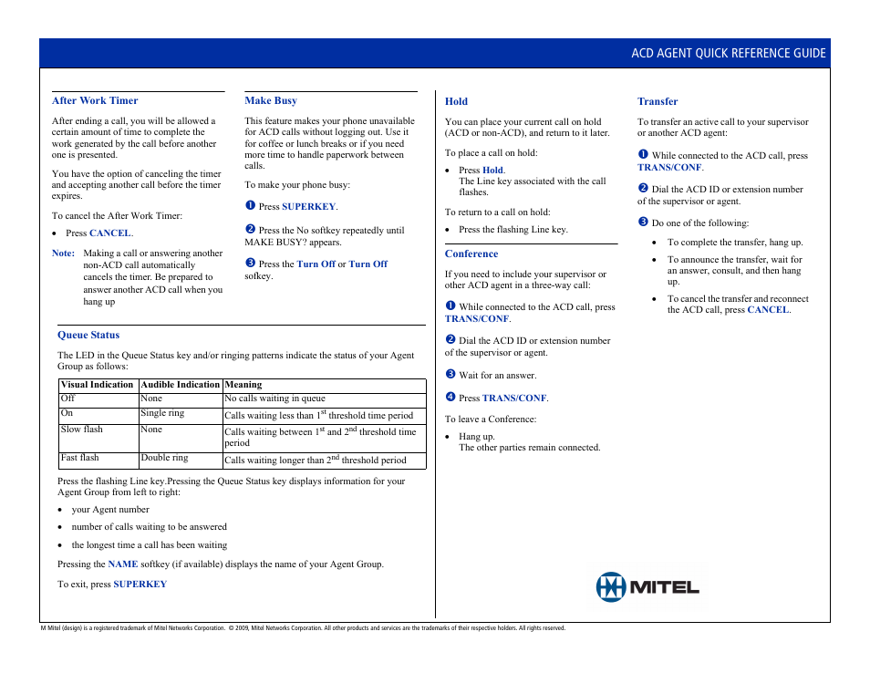 Acd agent quick reference guide | Mitel 3300 IP Communications Platform User Manual | Page 2 / 2