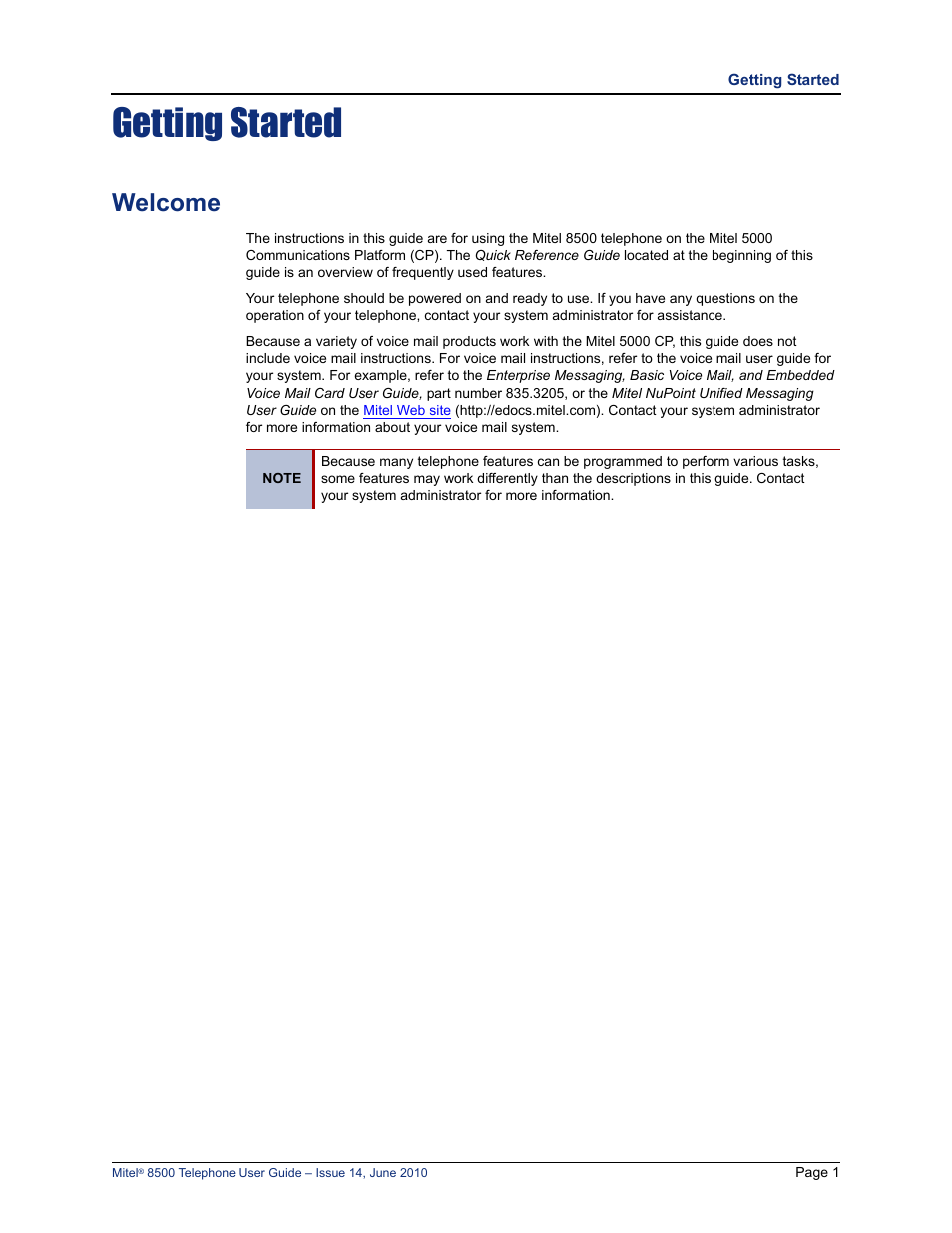 Getting started, Welcome | Mitel 8500 User Manual | Page 13 / 66