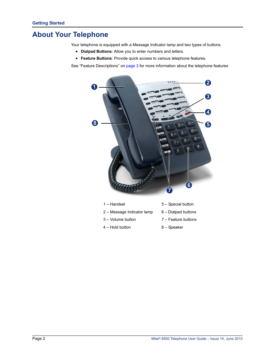 About your telephone | Mitel 8500 User Manual | Page 14 / 66