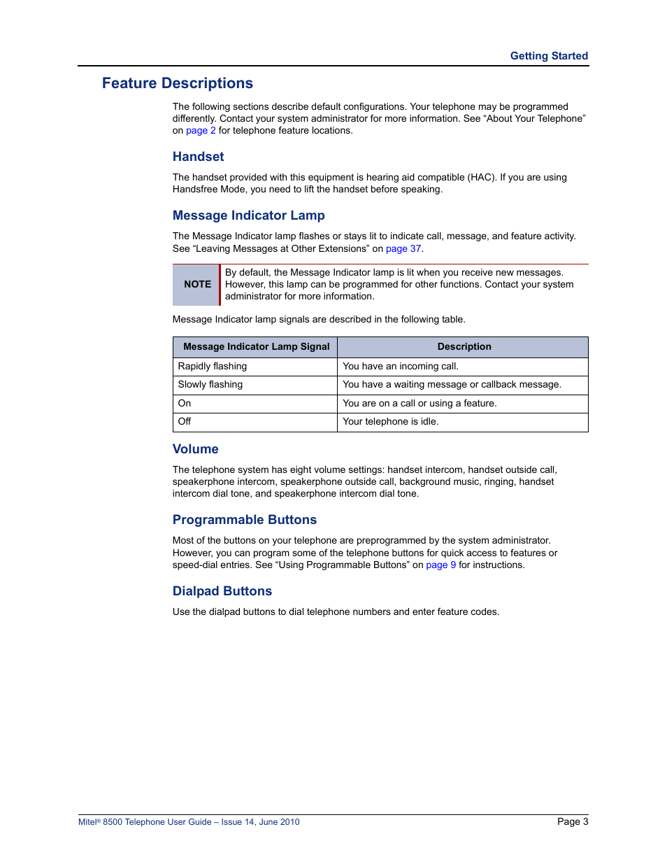 Feature descriptions, Handset, Message indicator lamp | Volume, Programmable buttons, Dialpad buttons | Mitel 8500 User Manual | Page 15 / 66