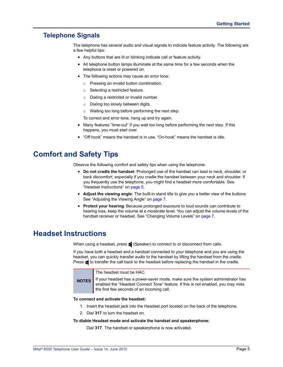 Telephone signals, Comfort and safety tips, Headset instructions | Mitel 8500 User Manual | Page 17 / 66