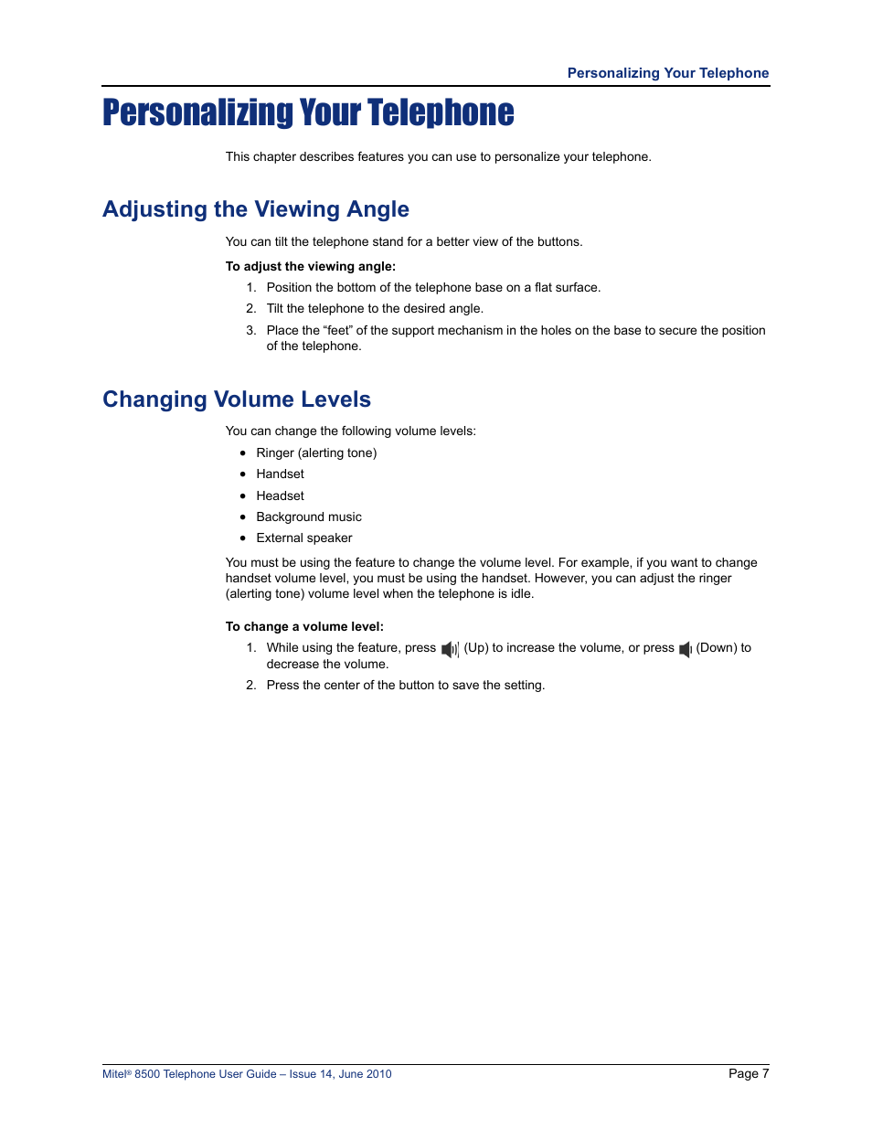 Personalizing your telephone, Adjusting the viewing angle, Changing volume levels | See “adjusting the viewing angle” on, Set. see “changing volume levels” on | Mitel 8500 User Manual | Page 19 / 66