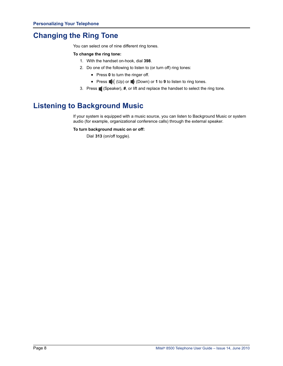 Changing the ring tone, Listening to background music | Mitel 8500 User Manual | Page 20 / 66