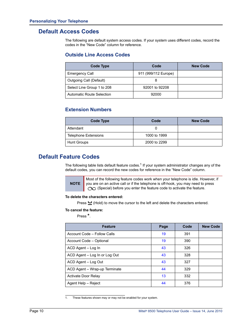 Default access codes, Default feature codes, Outside line access codes extension numbers | D “default feature codes” on | Mitel 8500 User Manual | Page 22 / 66