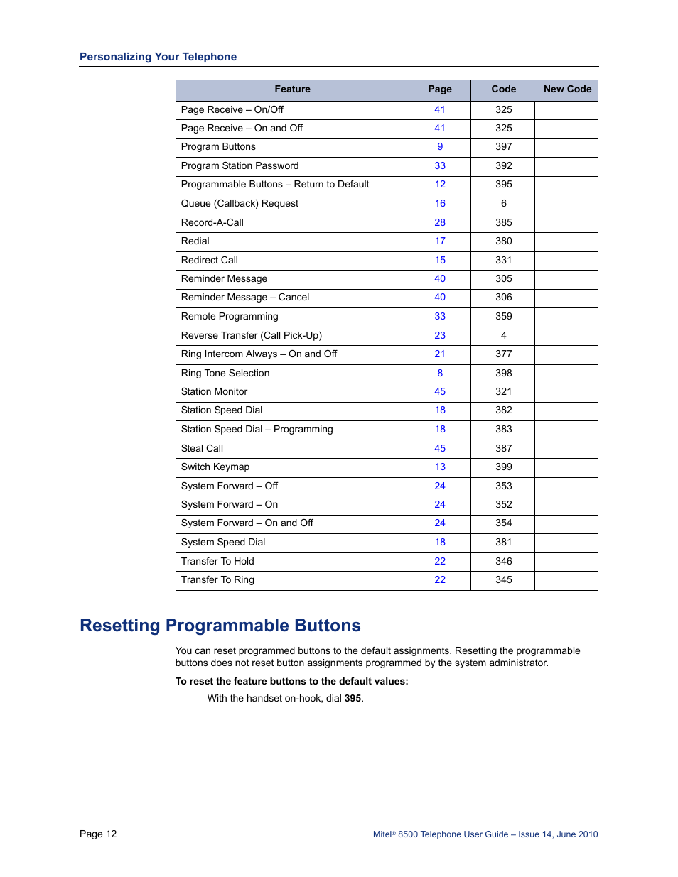 Resetting programmable buttons | Mitel 8500 User Manual | Page 24 / 66