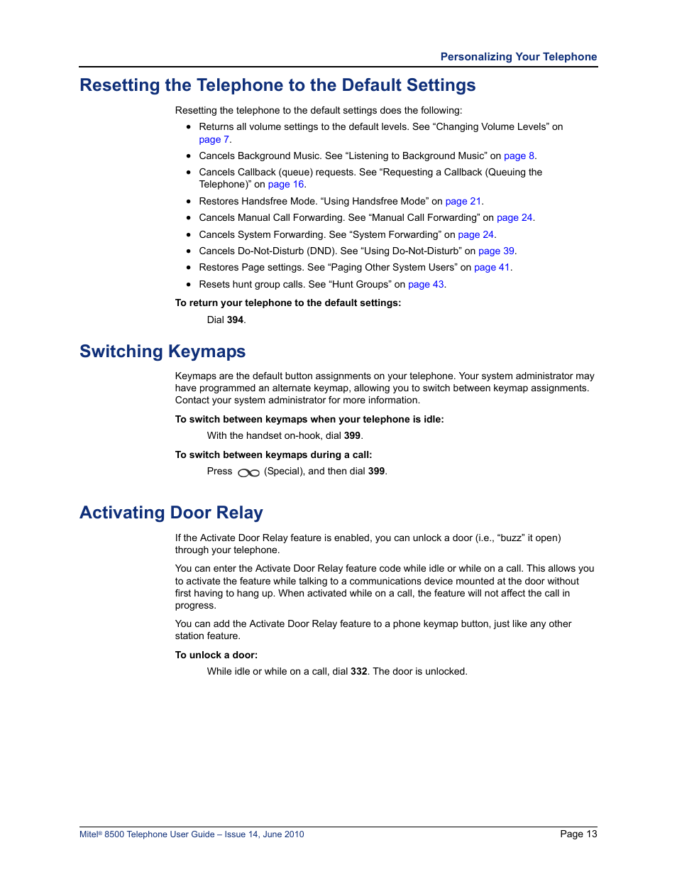 Resetting the telephone to the default settings, Switching keymaps, Activating door relay | Mitel 8500 User Manual | Page 25 / 66
