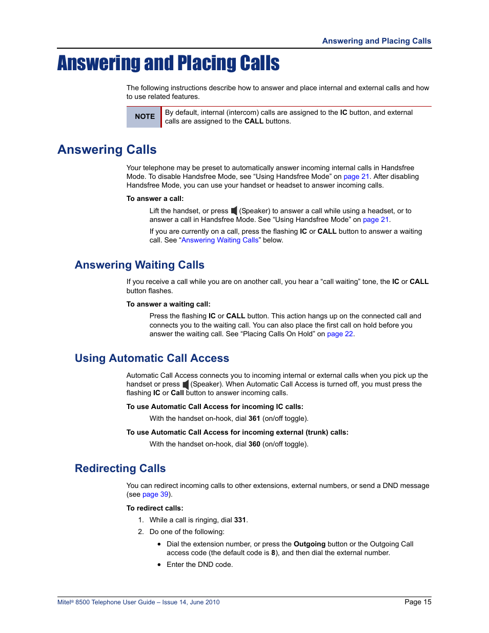 Answering and placing calls, Answering calls, Answering waiting calls | Using automatic call access, Redirecting calls | Mitel 8500 User Manual | Page 27 / 66
