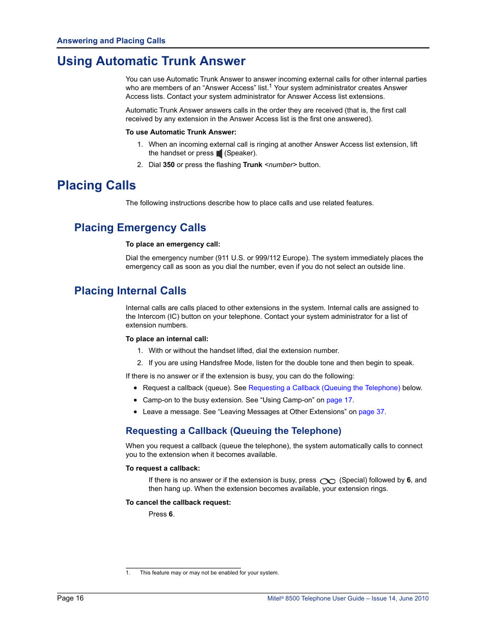 Using automatic trunk answer, Placing calls, Placing emergency calls | Placing internal calls, Placing emergency calls placing internal calls, Requesting a callback (queuing the telephone), Requesting a callback (queuing the telephone)” on | Mitel 8500 User Manual | Page 28 / 66