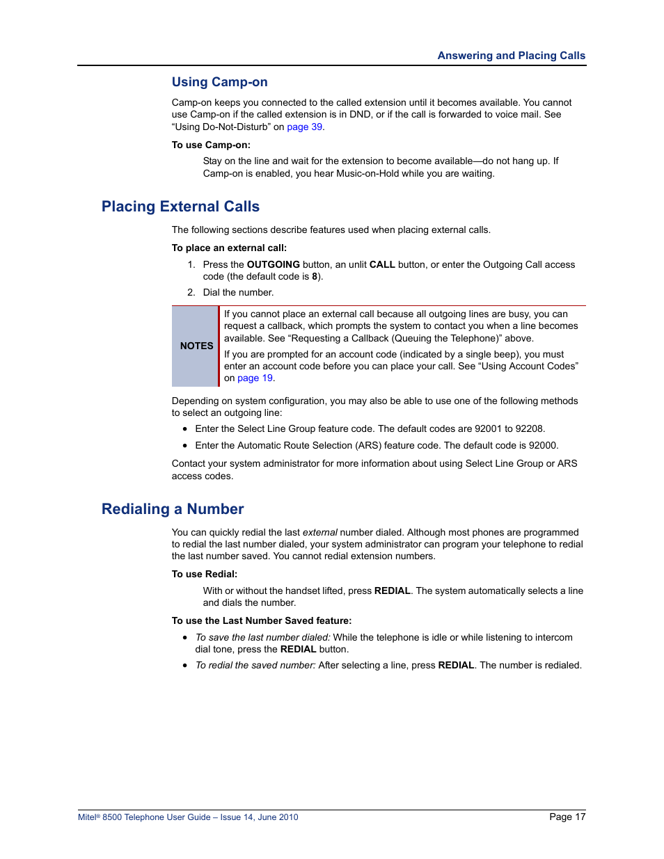 Placing external calls, Redialing a number, Using camp-on | Placing external calls redialing a number, E “using camp-on” on | Mitel 8500 User Manual | Page 29 / 66