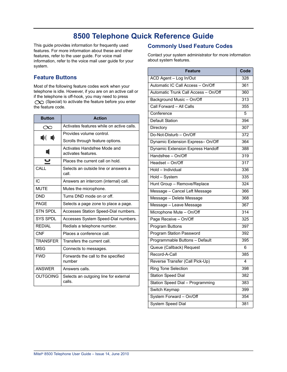 8500 telephone quick reference guide, Feature buttons, Commonly used feature codes | Mitel 8500 User Manual | Page 3 / 66