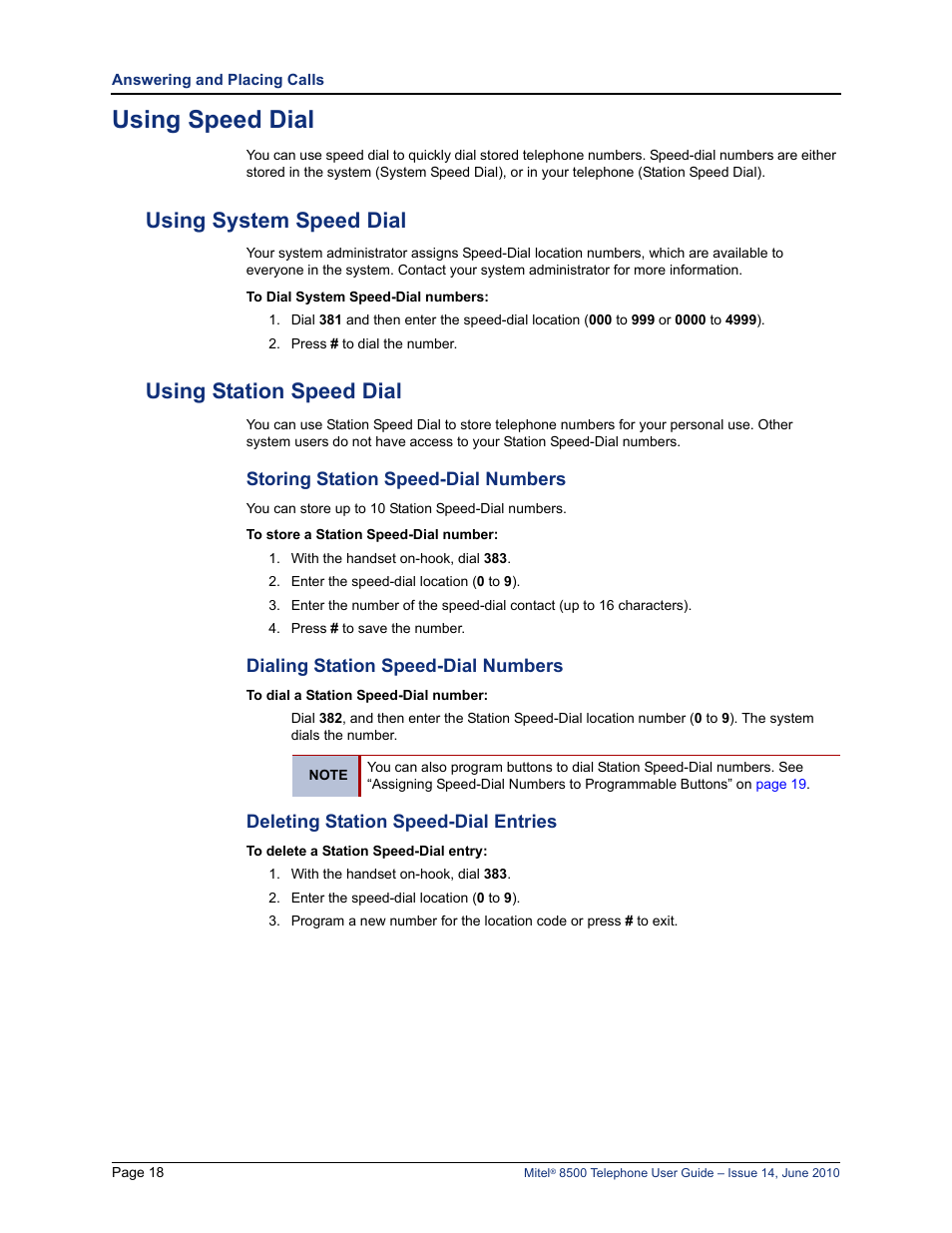 Using speed dial, Using system speed dial, Using station speed dial | Using system speed dial using station speed dial, Using system speed dial” on, E “storing station speed-dial numbers” on | Mitel 8500 User Manual | Page 30 / 66