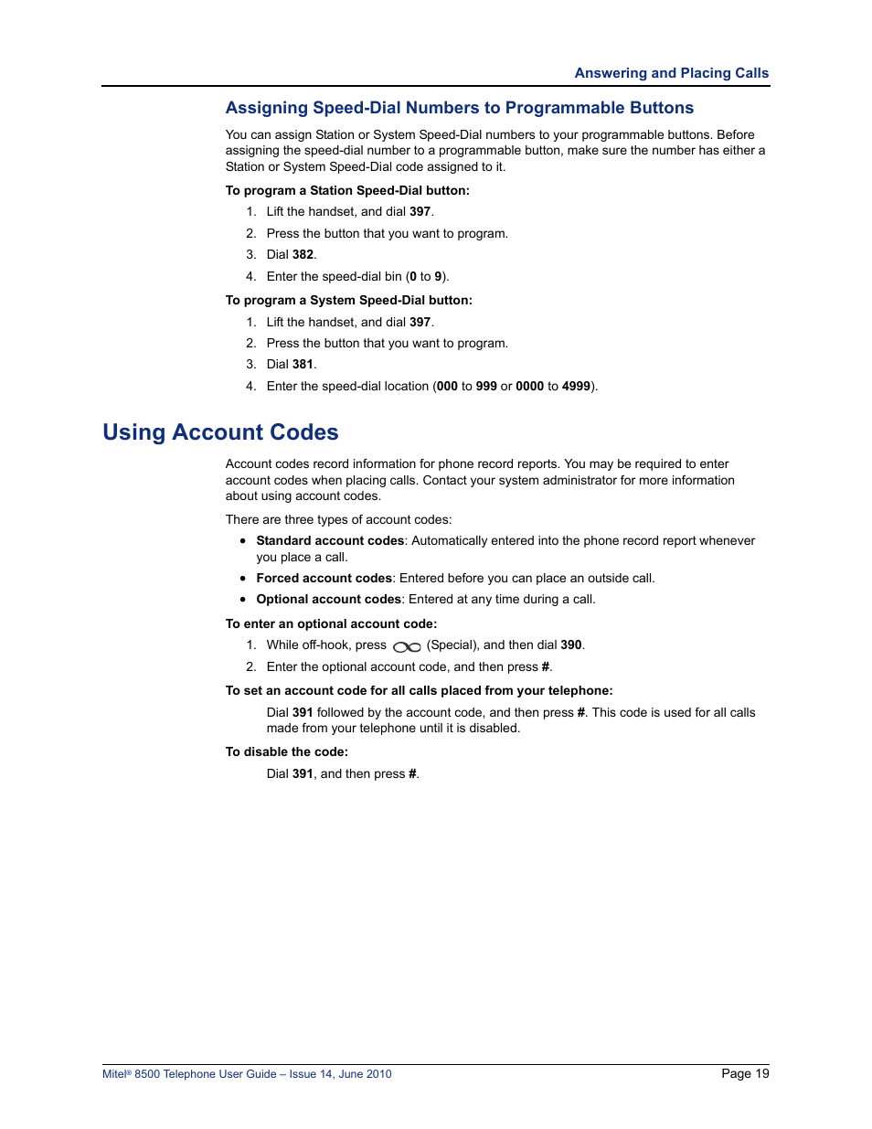 Using account codes, Using account codes” on | Mitel 8500 User Manual | Page 31 / 66