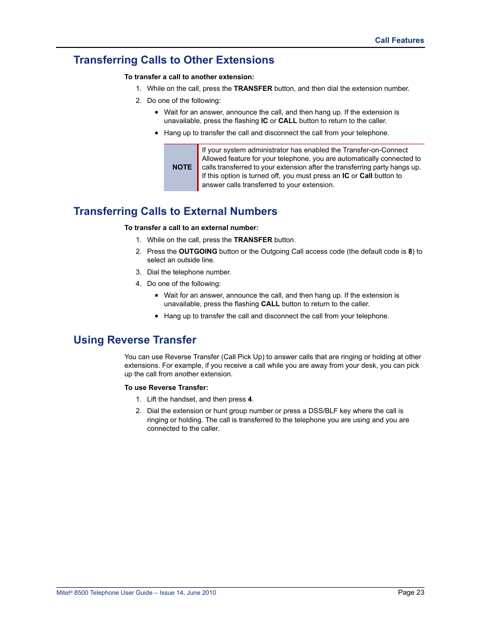 Transferring calls to other extensions, Transferring calls to external numbers, Using reverse transfer | Mitel 8500 User Manual | Page 35 / 66