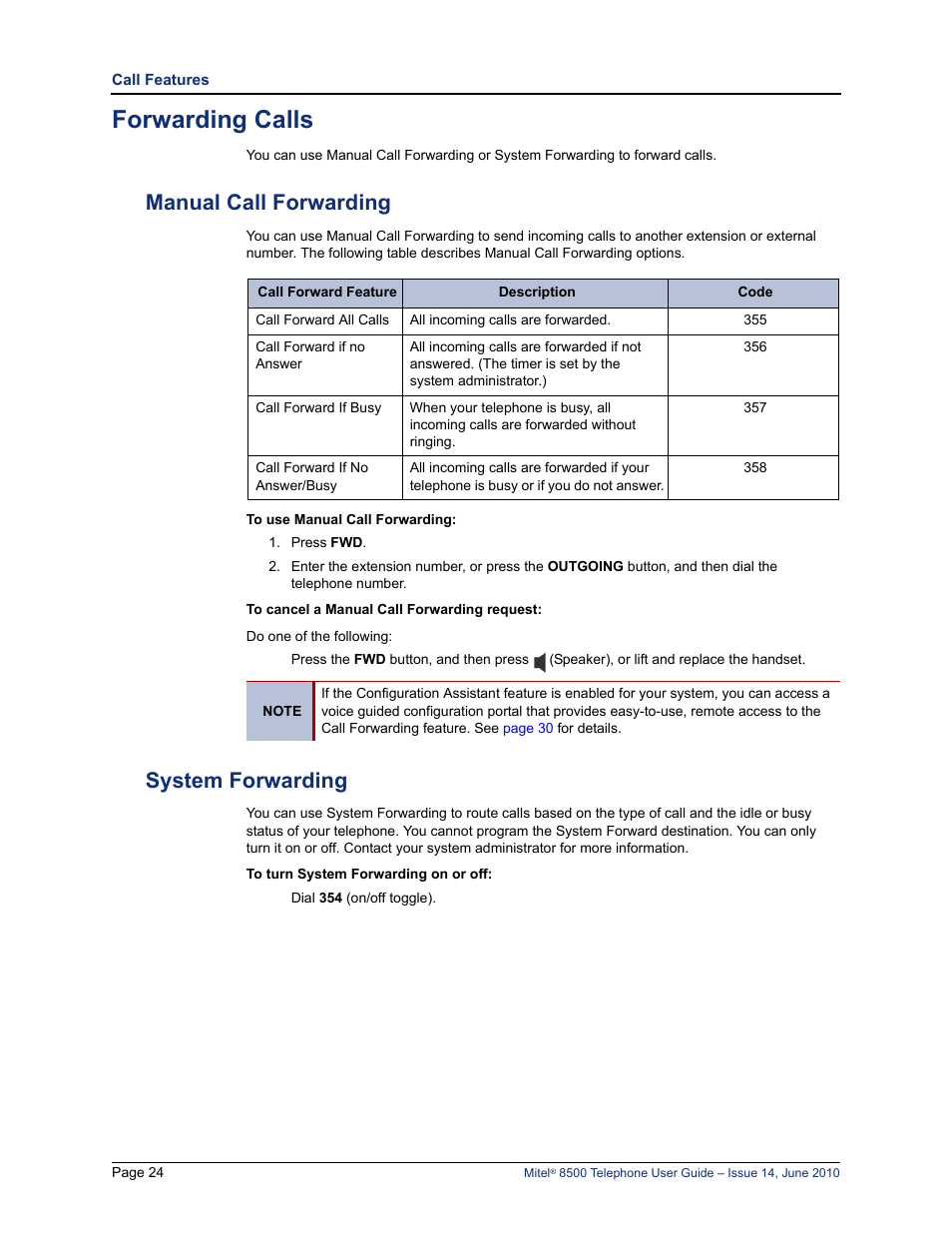 Forwarding calls, Manual call forwarding, System forwarding | Manual call forwarding system forwarding, E “manual call forwarding” on, System forwarding” on | Mitel 8500 User Manual | Page 36 / 66