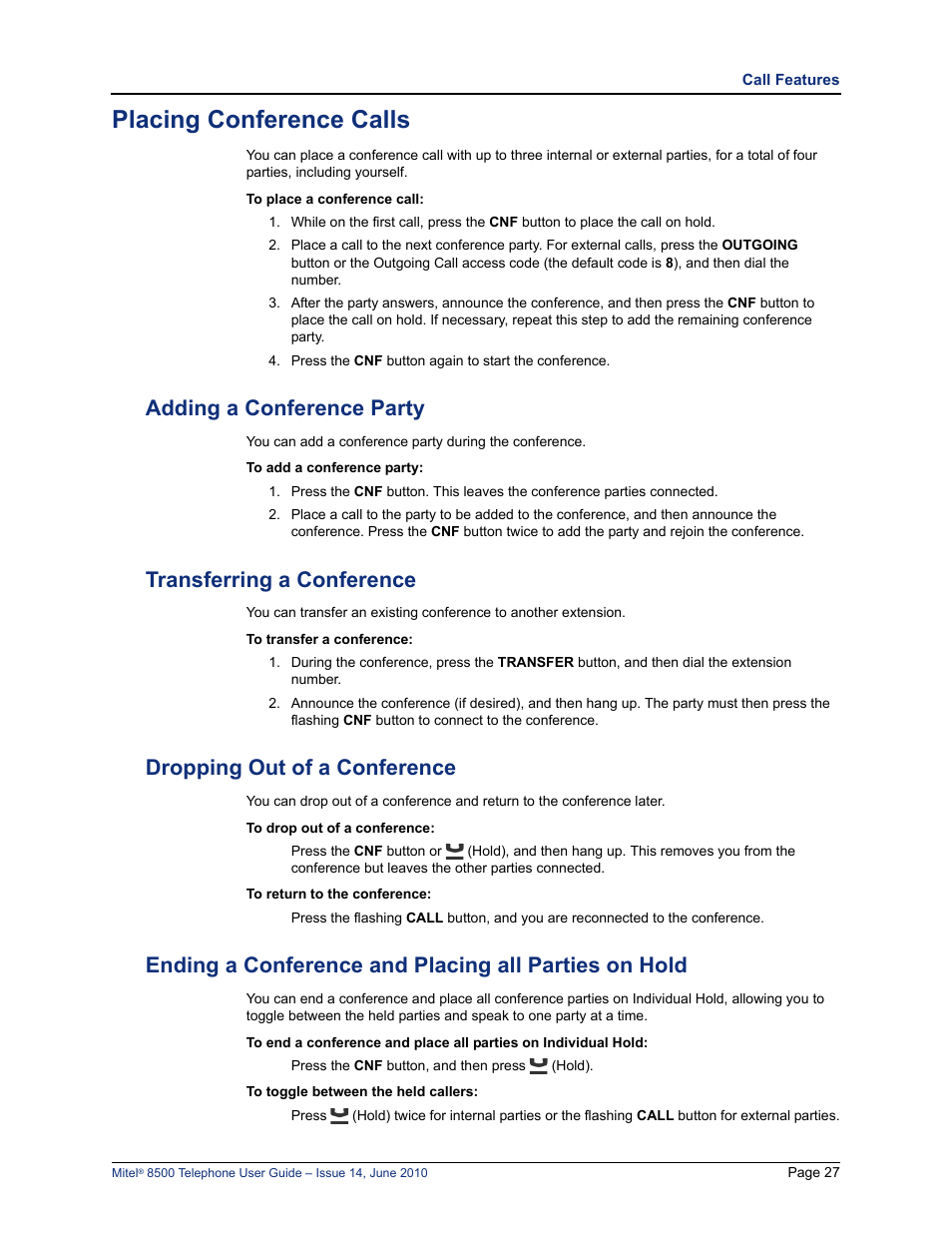 Placing conference calls, Adding a conference party, Transferring a conference | Dropping out of a conference | Mitel 8500 User Manual | Page 39 / 66