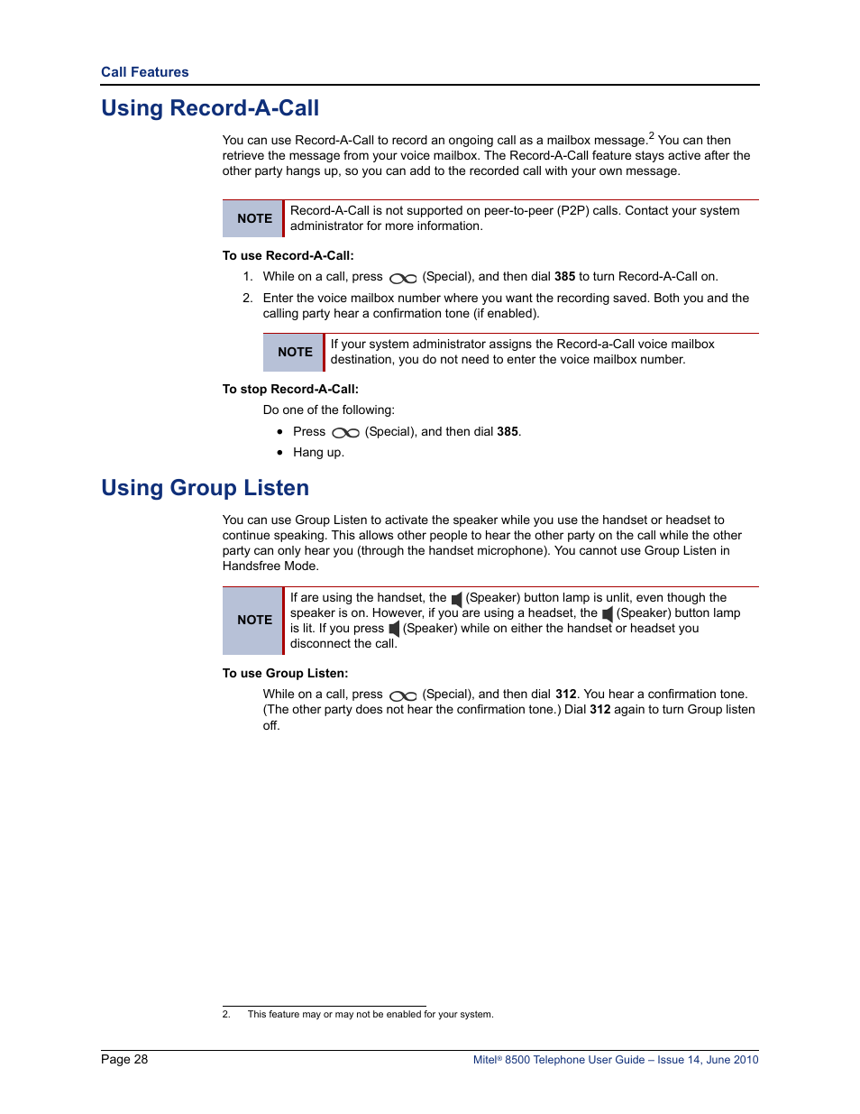 Using record-a-call, Using group listen | Mitel 8500 User Manual | Page 40 / 66