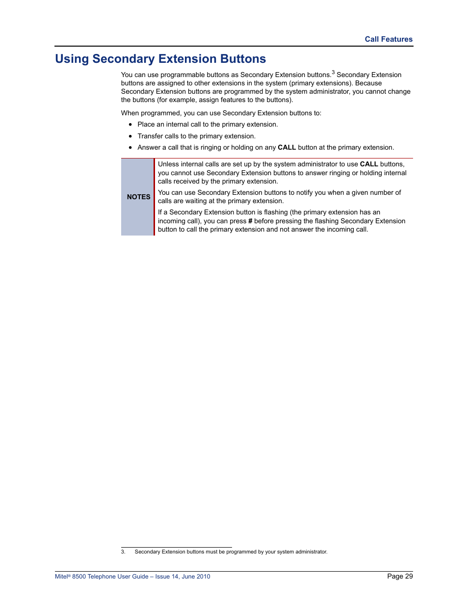 Using secondary extension buttons | Mitel 8500 User Manual | Page 41 / 66