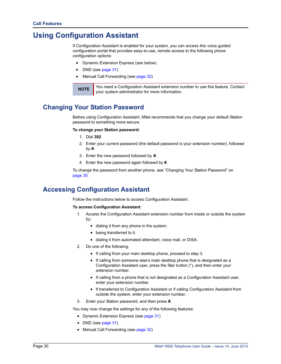 Using configuration assistant, Changing your station password, Accessing configuration assistant | Mitel 8500 User Manual | Page 42 / 66