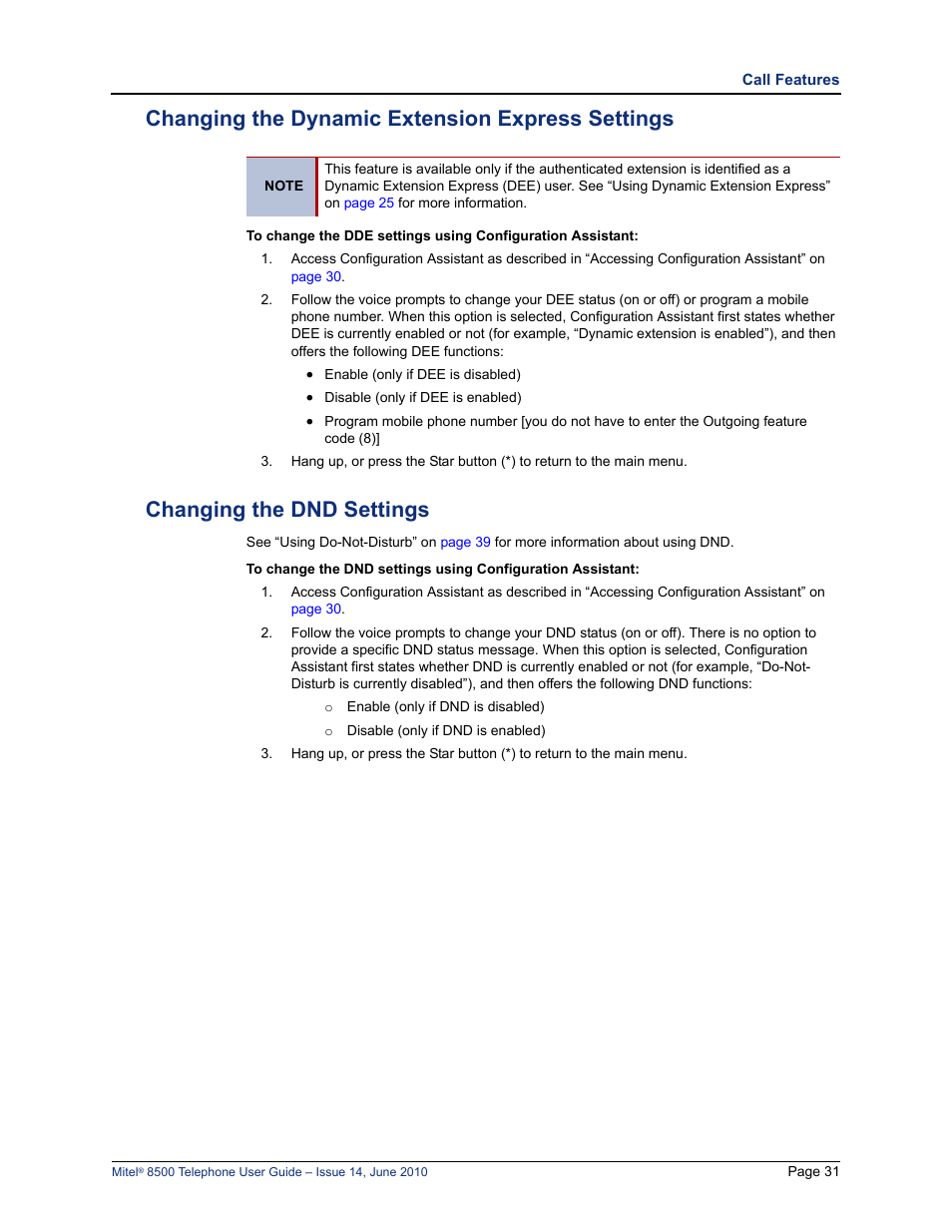 Changing the dynamic extension express settings, Changing the dnd settings | Mitel 8500 User Manual | Page 43 / 66