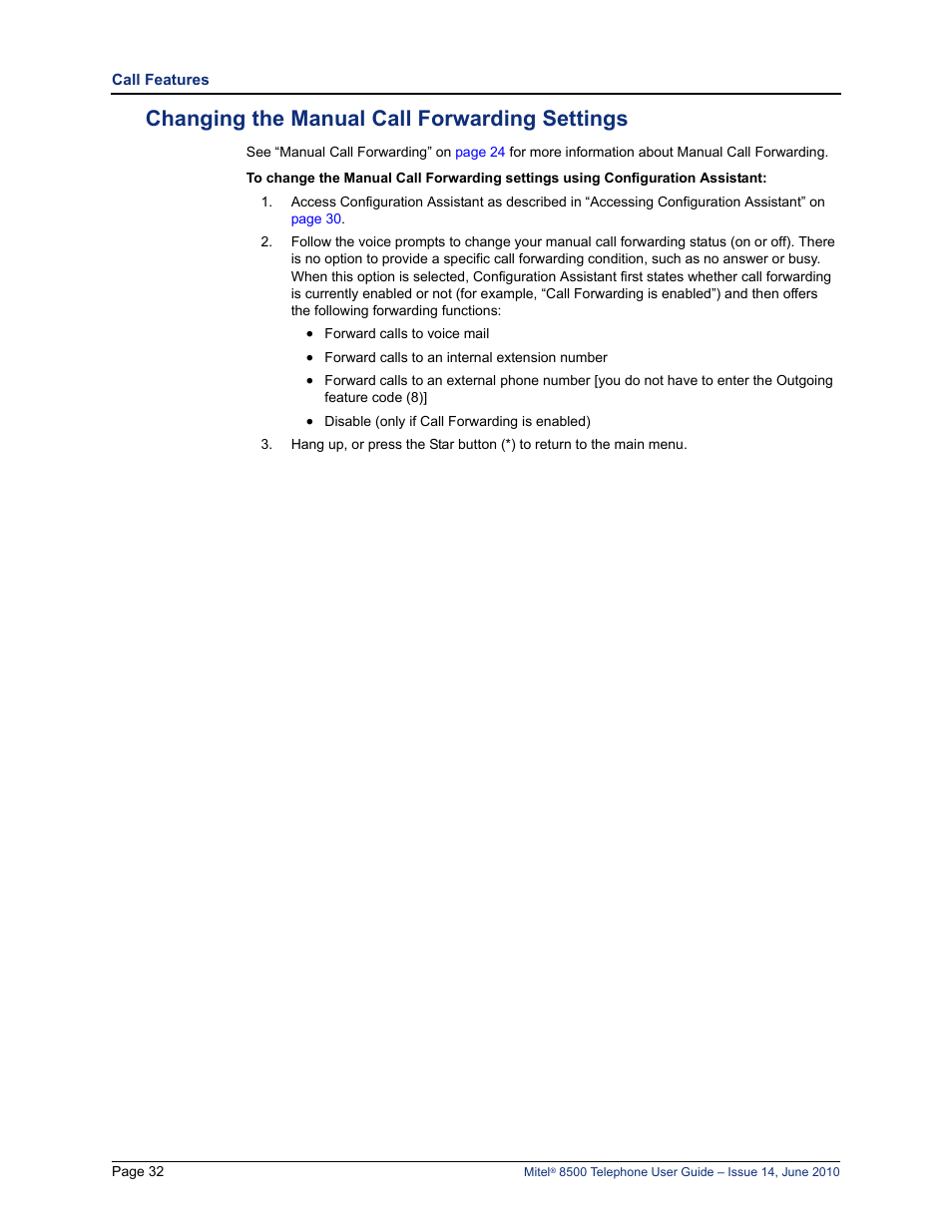 Changing the manual call forwarding settings | Mitel 8500 User Manual | Page 44 / 66