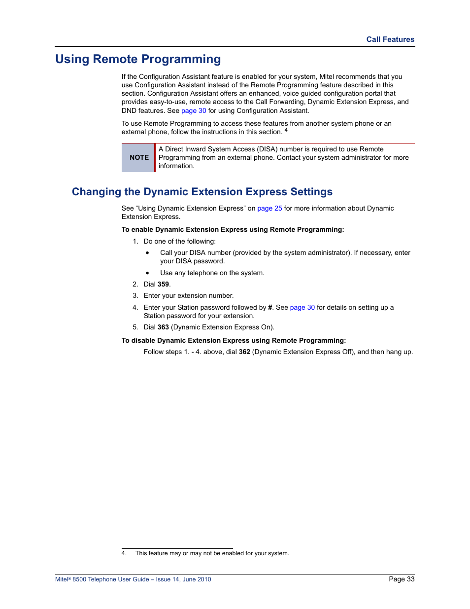 Using remote programming, Changing the dynamic extension express settings | Mitel 8500 User Manual | Page 45 / 66