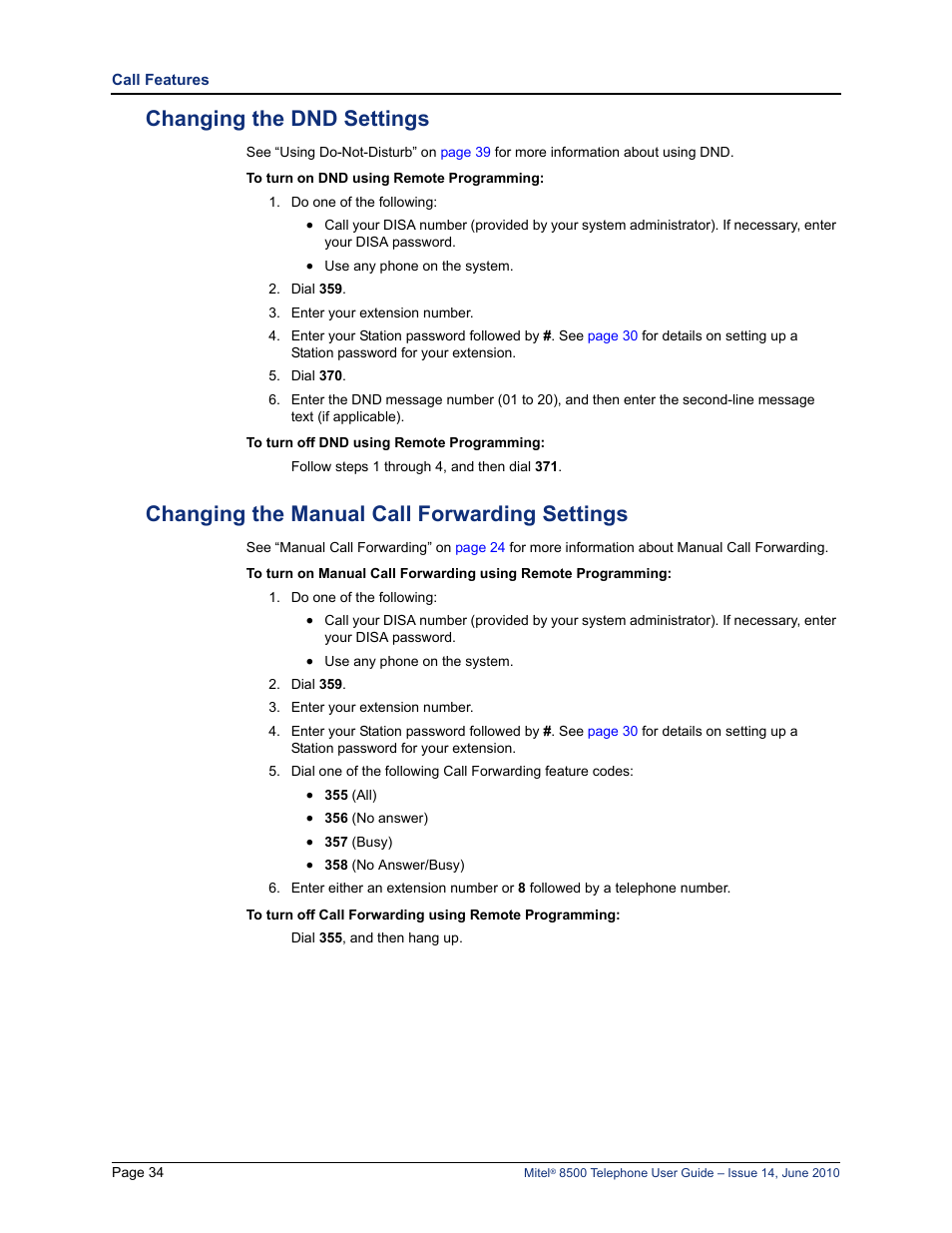 Changing the dnd settings, Changing the manual call forwarding settings | Mitel 8500 User Manual | Page 46 / 66