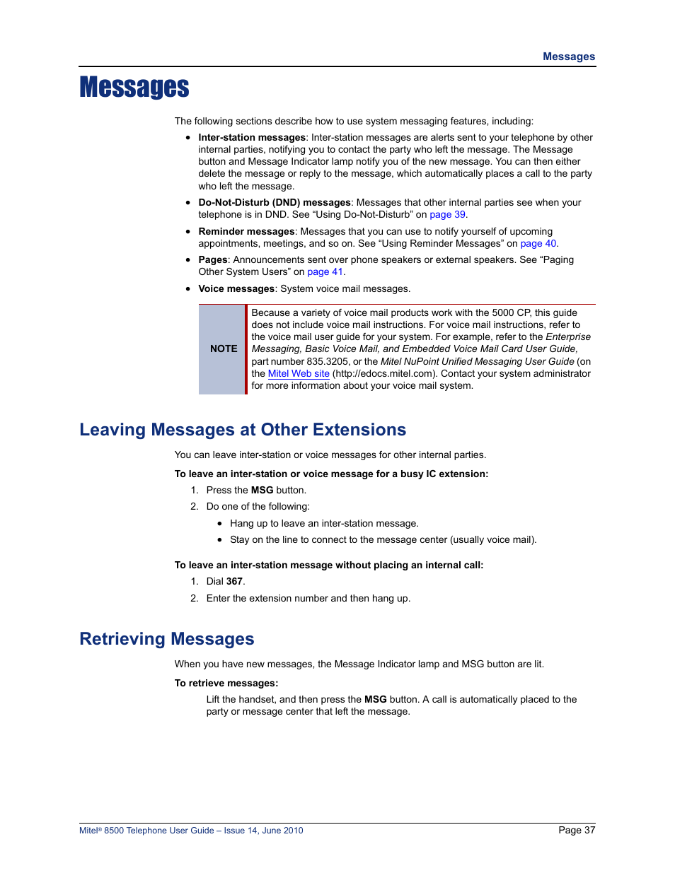 Messages, Leaving messages at other extensions, Retrieving messages | See “leaving messages at other extensions” on, E “leaving messages at other extensions” on | Mitel 8500 User Manual | Page 49 / 66