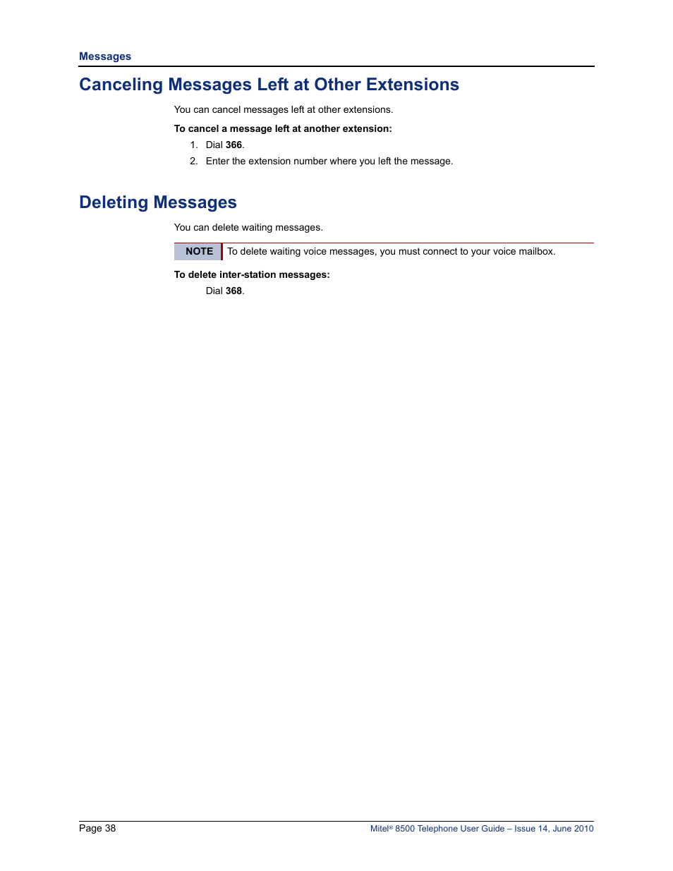 Canceling messages left at other extensions, Deleting messages | Mitel 8500 User Manual | Page 50 / 66