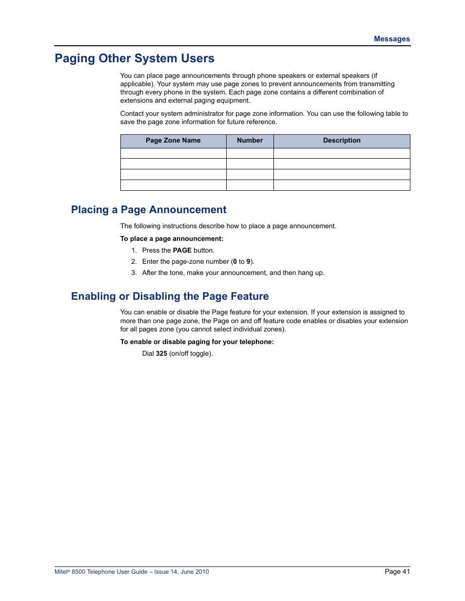 Paging other system users, S. see “paging other system users” on, Kers. see “paging other system users” on | Placing a page announcement, Enabling or disabling the page feature | Mitel 8500 User Manual | Page 53 / 66