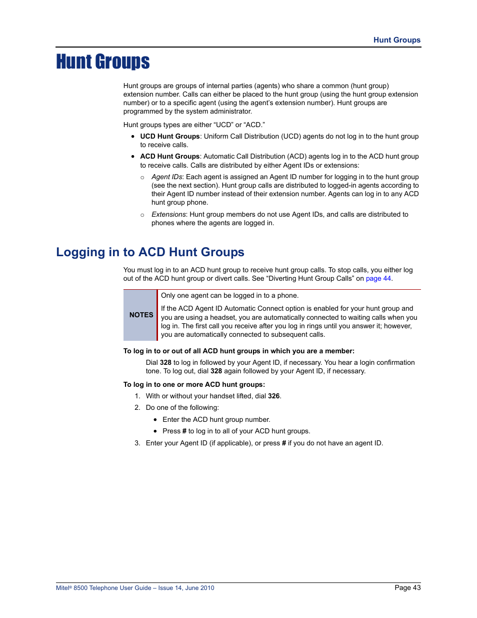 Hunt groups, Logging in to acd hunt groups, Hunt groups” on | Mitel 8500 User Manual | Page 55 / 66