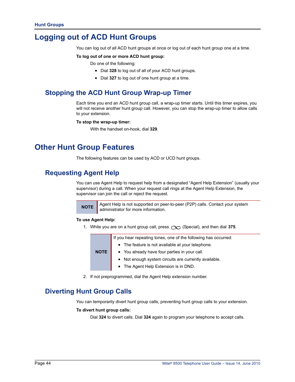 Logging out of acd hunt groups, Stopping the acd hunt group wrap-up timer, Other hunt group features | Requesting agent help, Diverting hunt group calls, Requesting agent help diverting hunt group calls | Mitel 8500 User Manual | Page 56 / 66